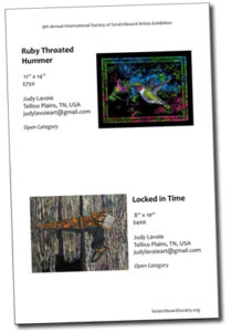 ISSA catalog page with two exhibition scratchboards by Judy Lavoie